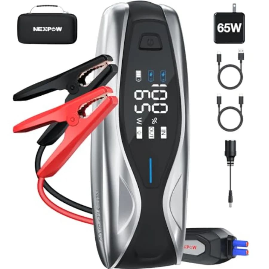 Avviatore di emergenza portatile da 10000A per tutti i veicoli a benzina/diesel, corpo in plastica ABS nero, ricarica rapida da 65W, display LCD intelligente, resistente.