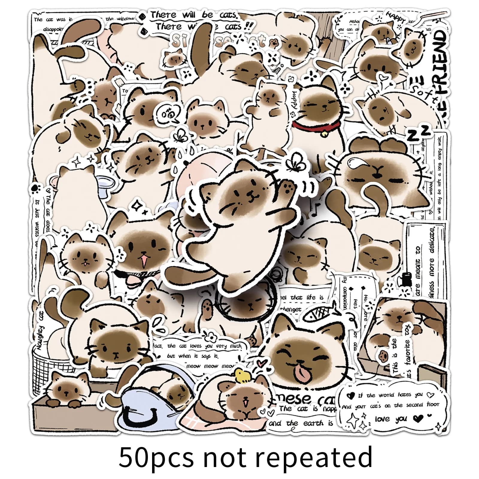50PCS/SET Siamese Cat Stickers Set, PVC Waterproof Cartoon Stickers, Scrapbooking Laptop Decor Planner Kids Party Favors Gifts