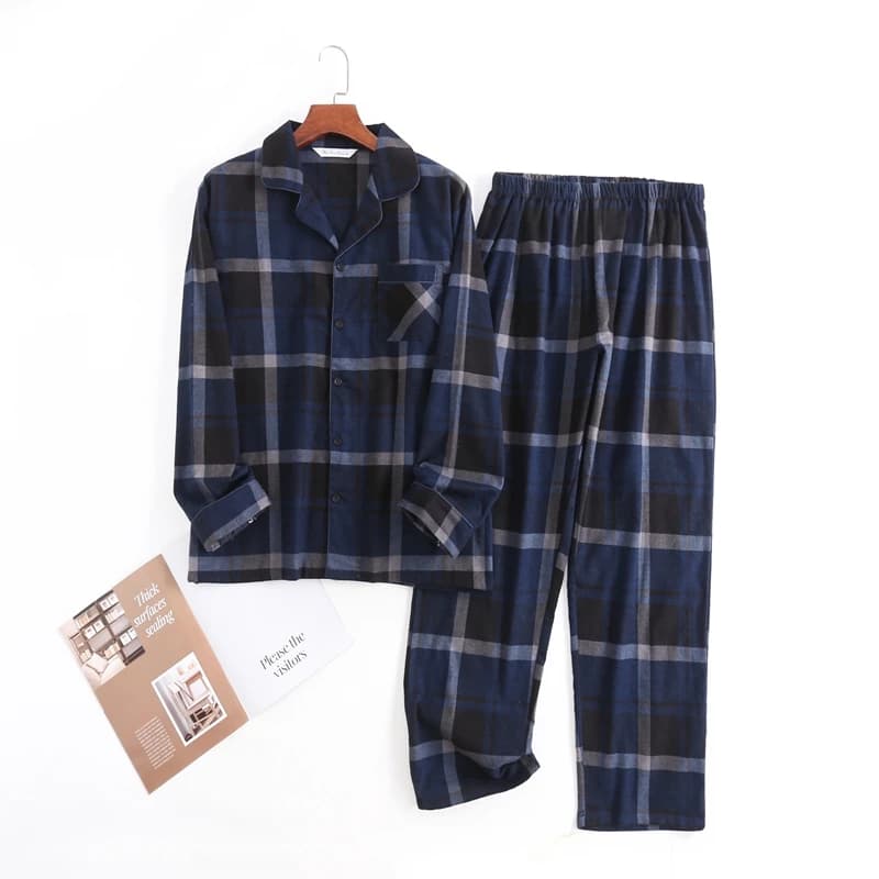 Pigiama con stampa scozzese allentata Set bottoni con risvolto a maniche lunghe Top e pantaloni lunghi Stile casual Fit Abbigliamento da casa accogliente da uomo Pjs