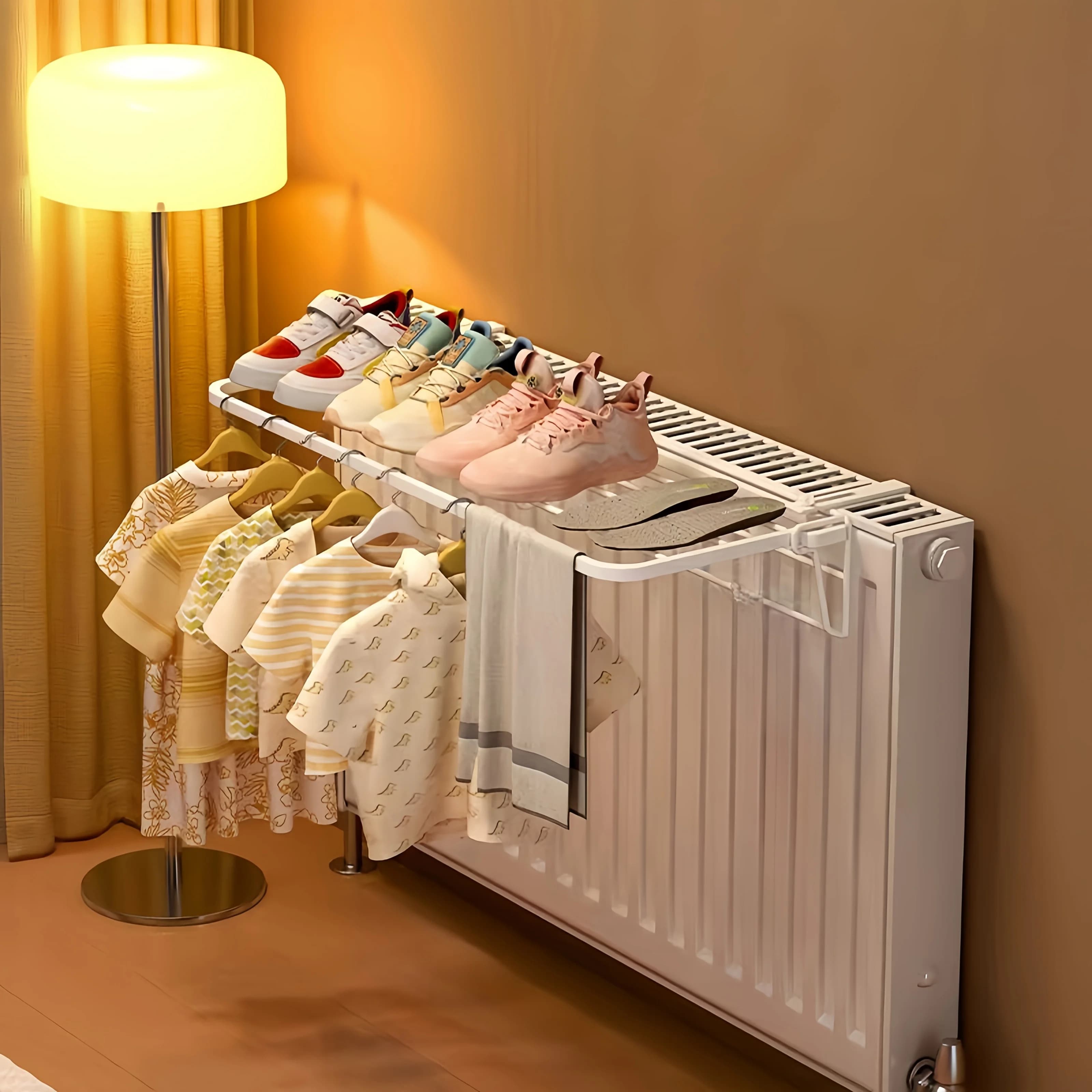 Metal drying rack with hook design, easy to install, for clothes, socks, shoes and winter clothing