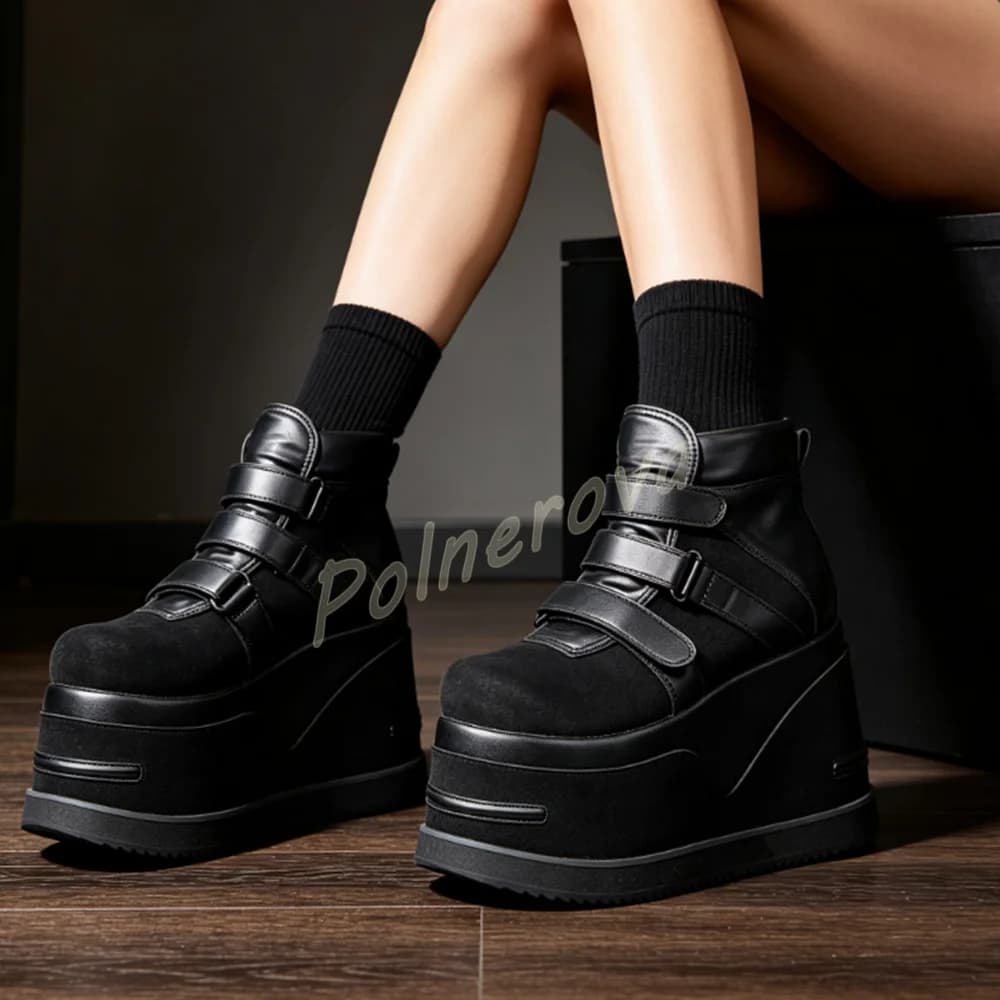Gothic Super High Wedge Platform Boots Multi Velcro Strap Punk Cosplay Ankle Boots Chunky Heel Short Women Winter Warm Boots