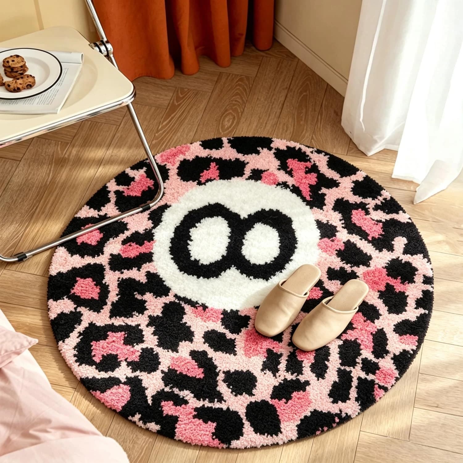VIKAMA Pink Leopard Print Round Plush Rug Washable Anti Slip Alfombra For Bedroom Dressing Table Cool Y2K Fashion Home Decor