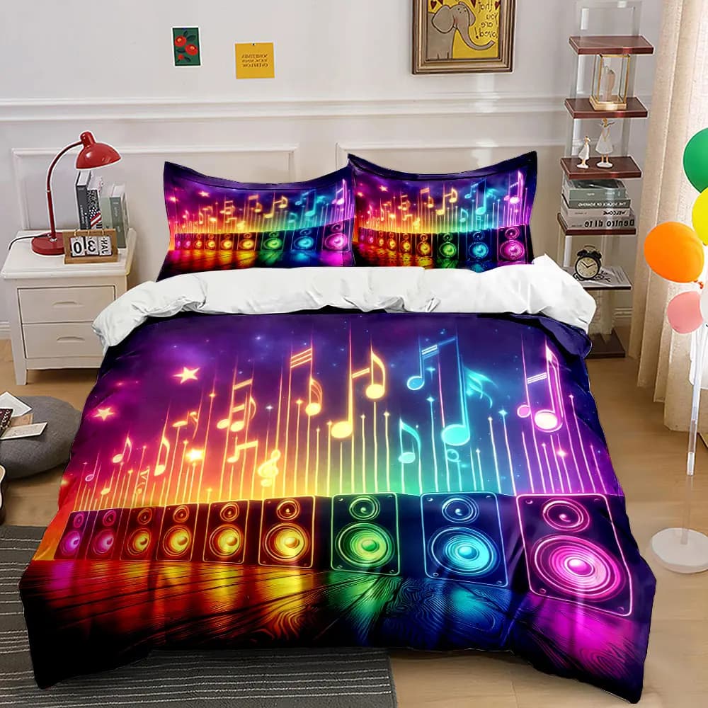 Set di biancheria da letto con stampa di note musicali e altoparlanti colorati, 1 copripiumino, 2 federe per adulti e bambini, regalo di lusso, misura completa