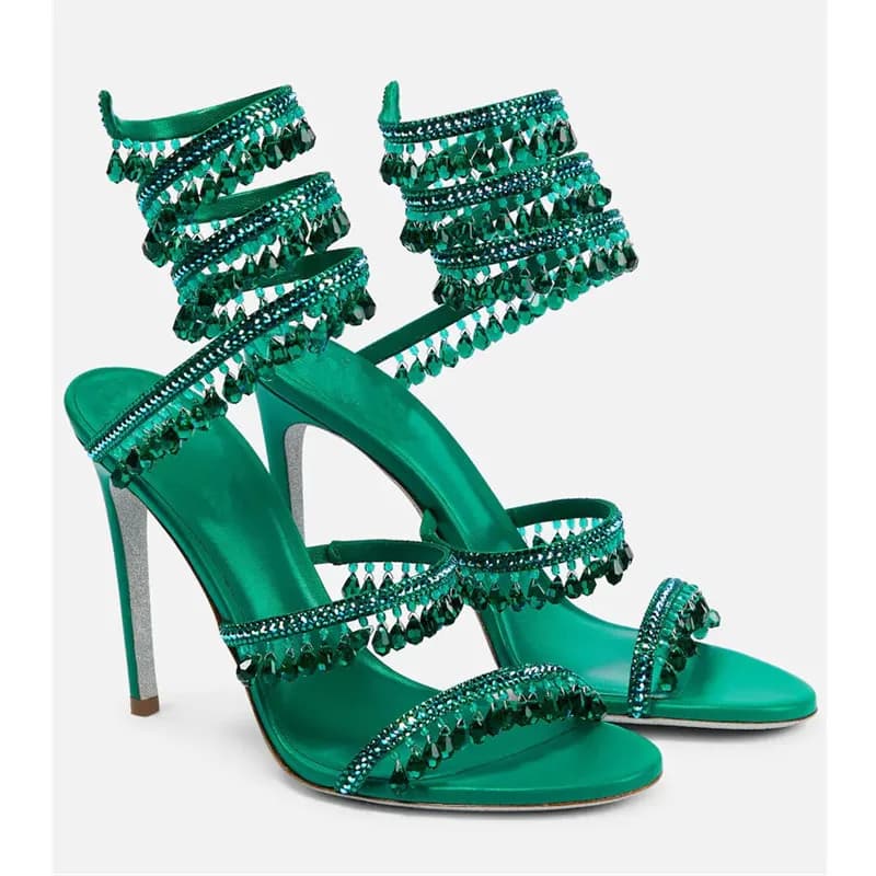 Sandali sexy con frange di cristallo verde per donna, punta tonda, tacco alto, scarpe con strass, scarpe da festa sexy per donna