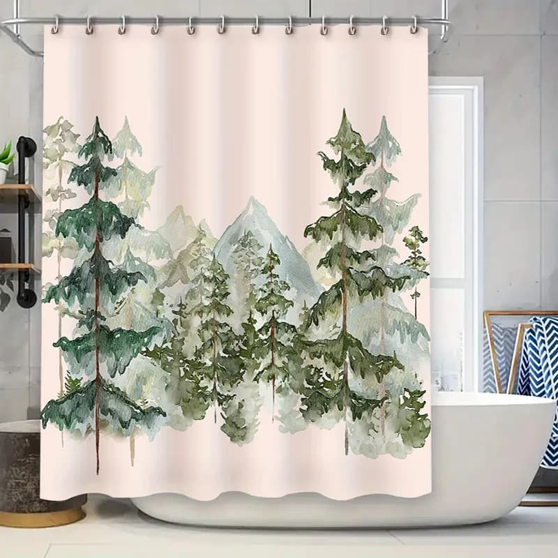 Tenda da doccia con paesaggio forestale, alberi naturali, sfondo di montagna, arredamento scenico per il bagno, tenda da doccia rustica per boschi, verde Bac