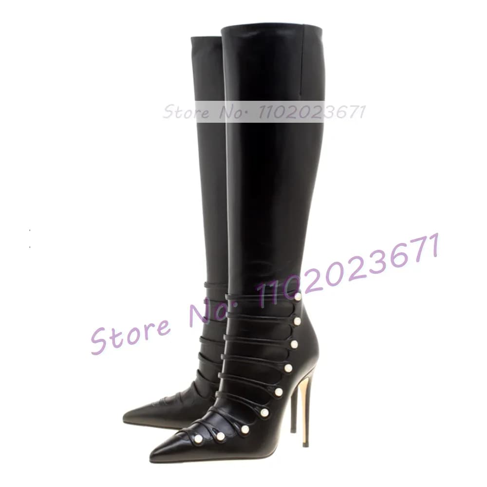 Stivali alti al ginocchio a punta con cinturino nero stivali alti con tacco a spillo da donna scarpe Casual da festa stivali con bottoni di perle con cerniera laterale da donna Sexy