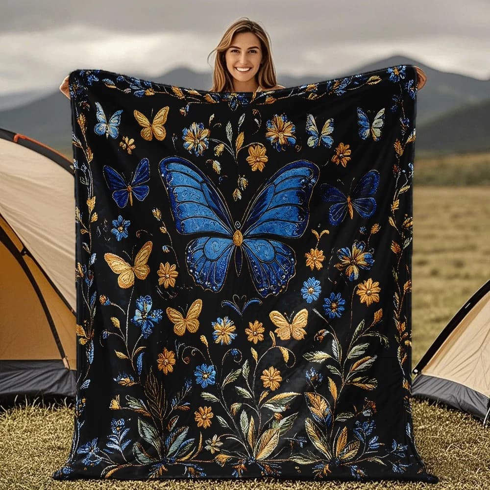 Blue and yellow butterfly flower pattern Blanket for Sofa Bed Travel Camping Living Room Office Conditioning Blanket