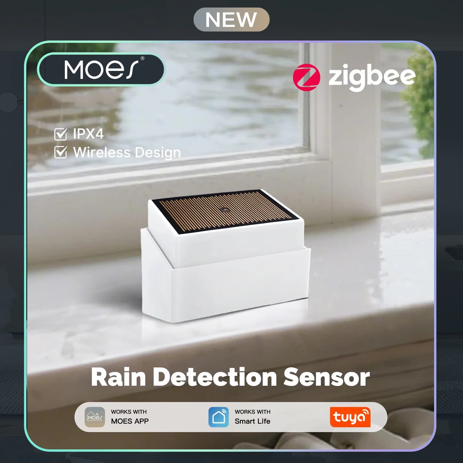 MOES Tuya ZigBee Smart Rain Detection Sensor Water Leakage Flood Detector Wireless IPX4 Waterproof Outdoor Use Battery Powered