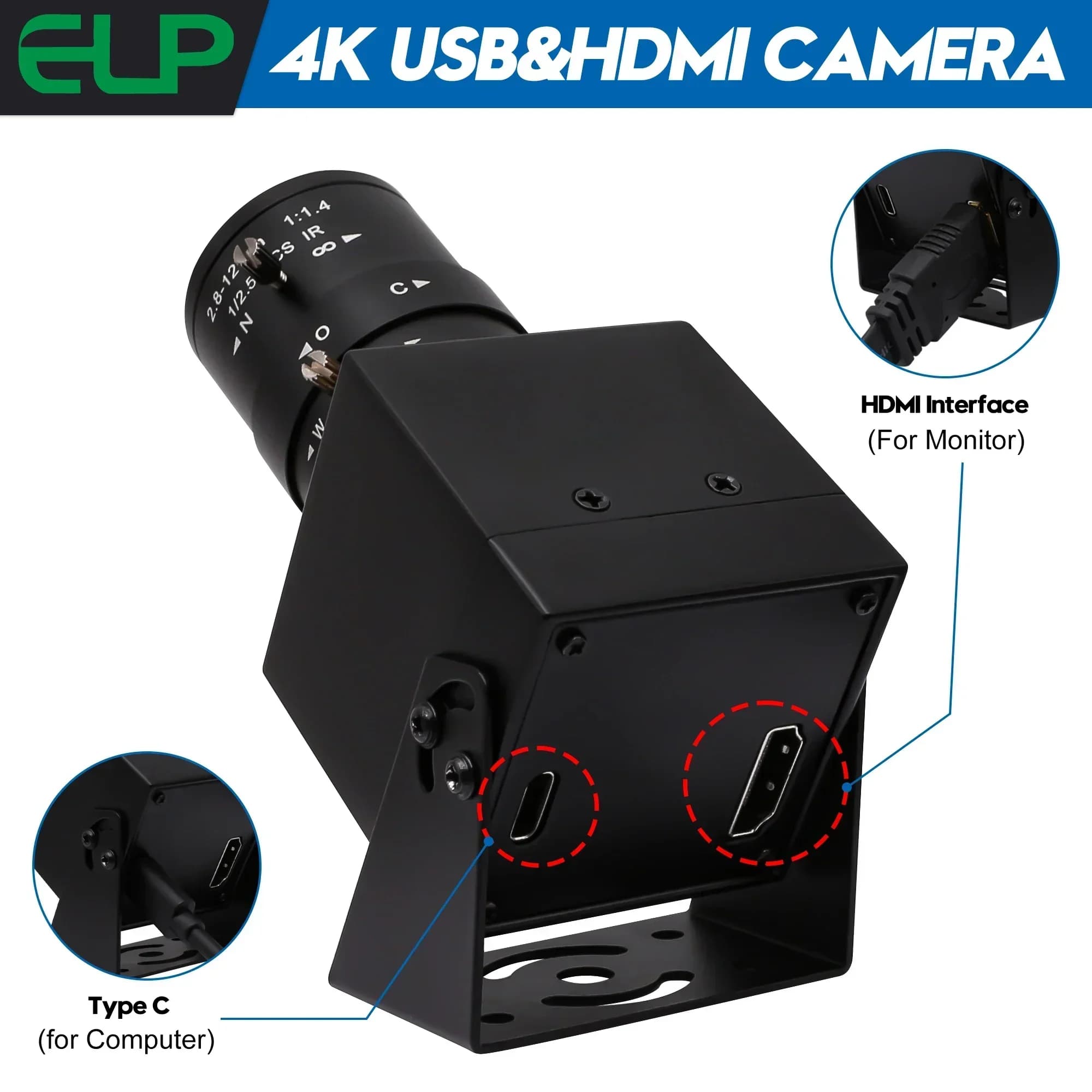 2025 Prodotti Premium ELP 4K HD-MI Telecamera USB IMX415 3840*2160 H.264 H.265 Zoom manuale Telecamera di sicurezza USB industriale per il vento