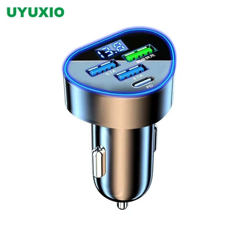 UYUXIO Caricabatteria da auto USB C 4 in 1 con display di tensione Adattatore di ricarica super veloce in auto per iPhone 15 Samsung Huawei Oneplus