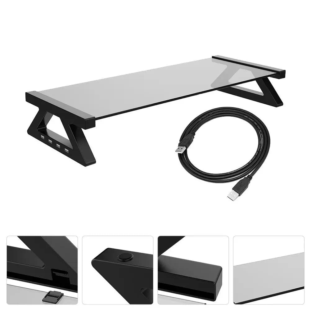 Desktop Laptop Support Set, ABS and Tempered Glass Monitor, Organizer with USB Interface
