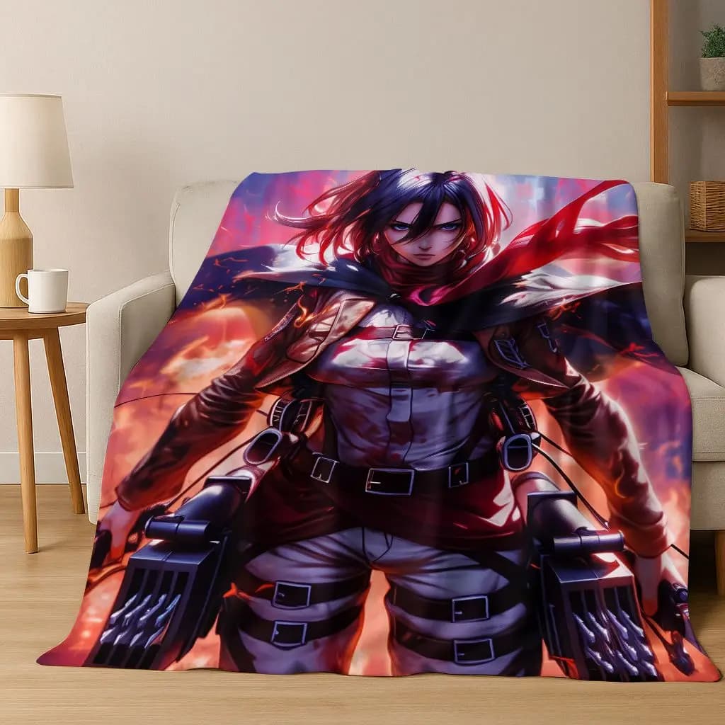 Anime Attack on Titan Eren Mikasa Coperta di flanella di cartone animato, calda e accogliente coperta morbida per la casa, camera da letto, divano letto, copertura per bambini