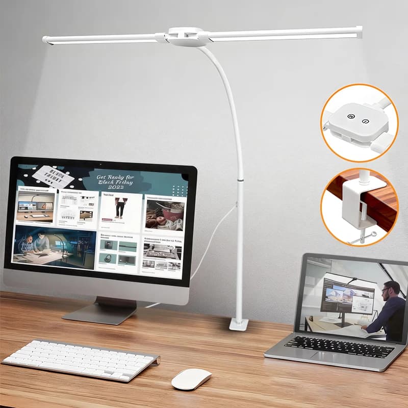 Lampada da Scrivania a LED a Doppia Testa con Clip, Lampada da Tavolo per Architetti, Illuminazione per Casa e Ufficio, 3 Modalità di Colore e 10 Livelli di Luminosità, Lampada da Scrivania Protettiva per gli Occhi
