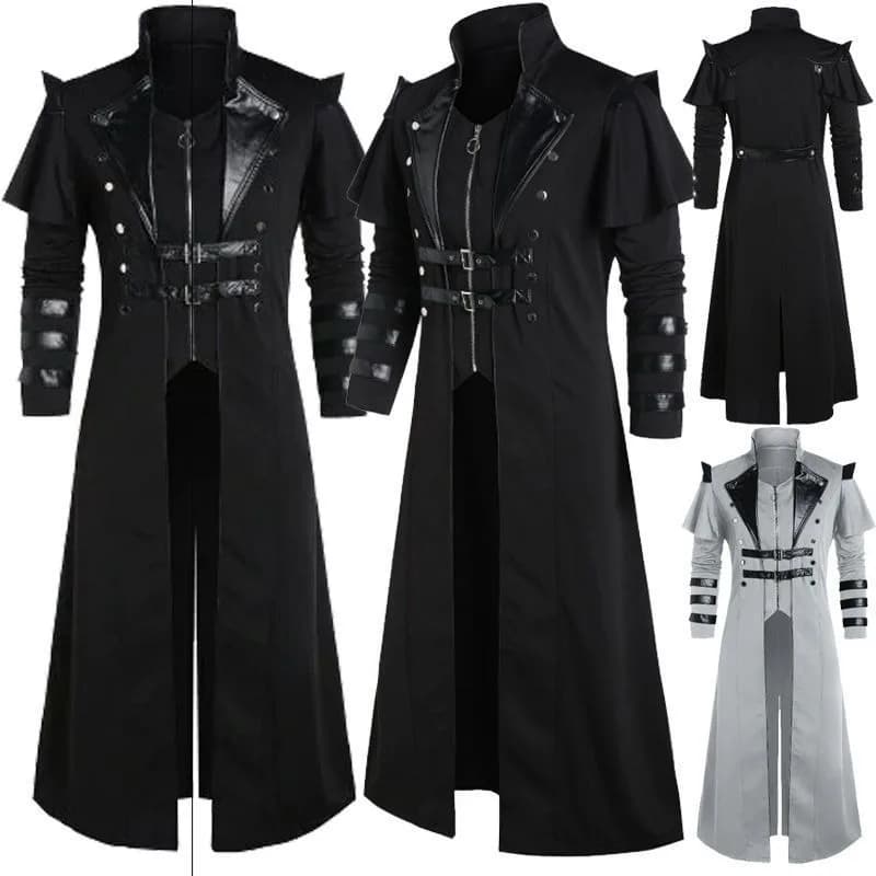 Medieval Cosplay Costume Goth Vintage Long Windbreaker Zipper Belt Waist Jacket Theme Party Role Playing Outfits for Adult Men