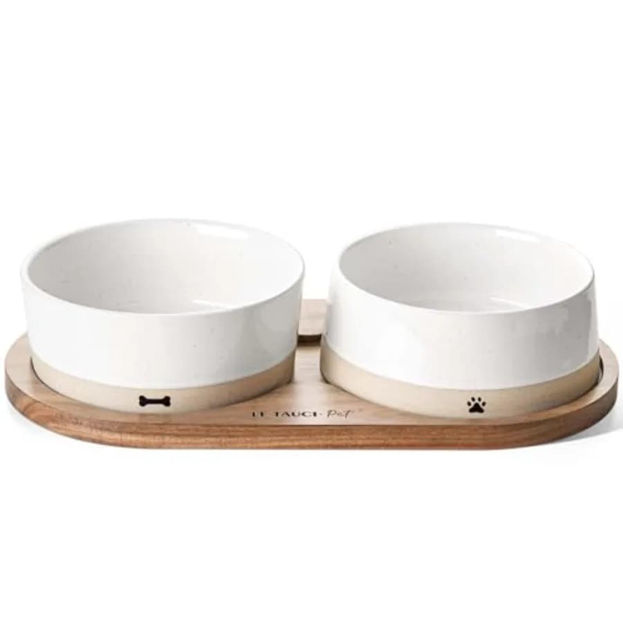 Ciotole in Ceramica per Cani di Taglia Media e Piccola - Set di Ciotole Antiscivolo da 3,2 Tazze con Vassoio in Legno di Acacia per Cibo e Acqua