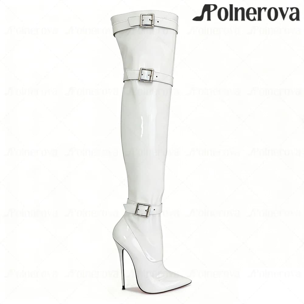 16cm Multi Buckle Over-the-Knee Boots Sexy Style Pointed Toe Stiletto Boots Customizable High Heels Lacquered Heel Women's Boots