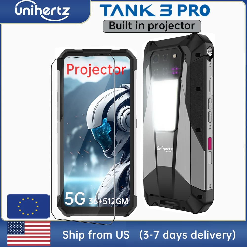 Unihertz Tank 3 Pro 8849 Robusto telefono 5G con proiettore da 100 lumen Android 14 32GB 512GB 23800mAh Telefono impermeabile WIFI 6 NFC