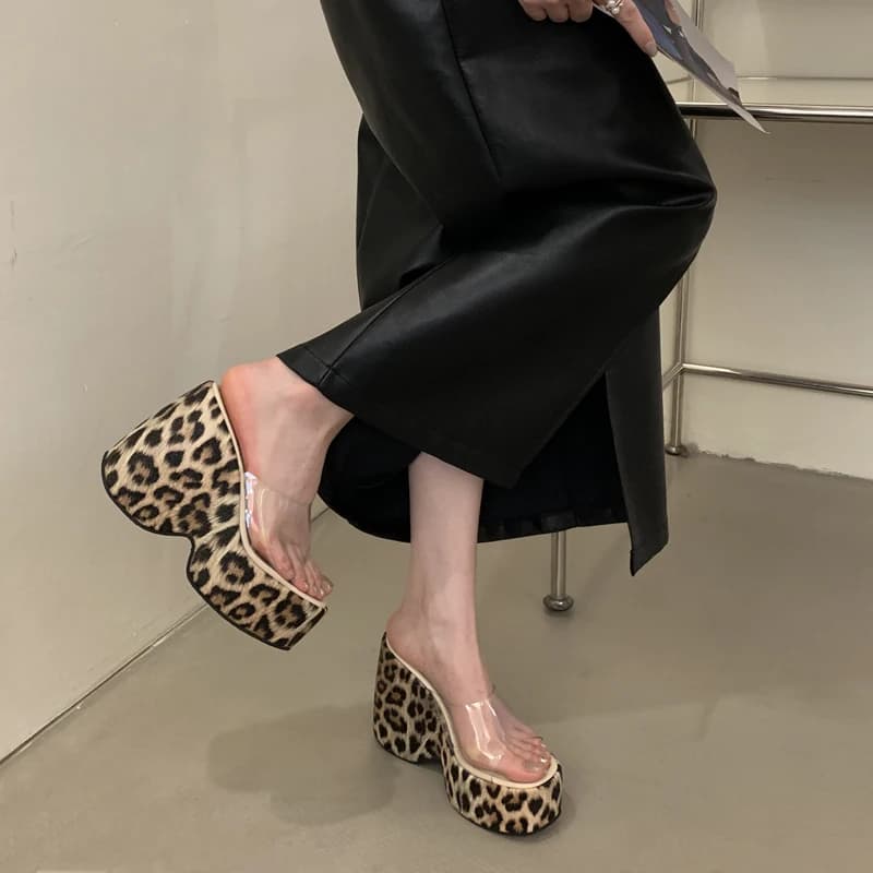 13cm Wedge Heels Woman Slippers Summer Pvc Sandals Black Extreme High Wedge Platform Shoes Casual Leopard Ladies Slippers