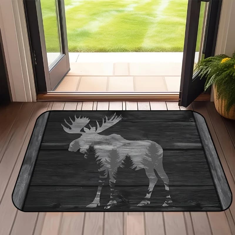 Tappeto d'ingresso rustico in legno scuro con silhouette di alce e foresta, antiscivolo, lavabile, per interni, ideale per arredamento di fattorie, cabine e lodge.