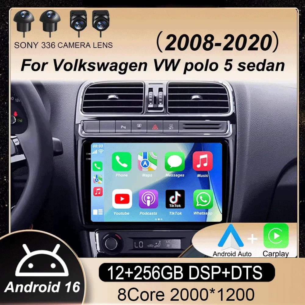 Autoradio Android 16 per Volkswagen VW Polo 5 Sedan 2008 - 2020 Lettore Multimediale Carplay Stereo GPS DVD Head Unit 4G Wifi QLED
