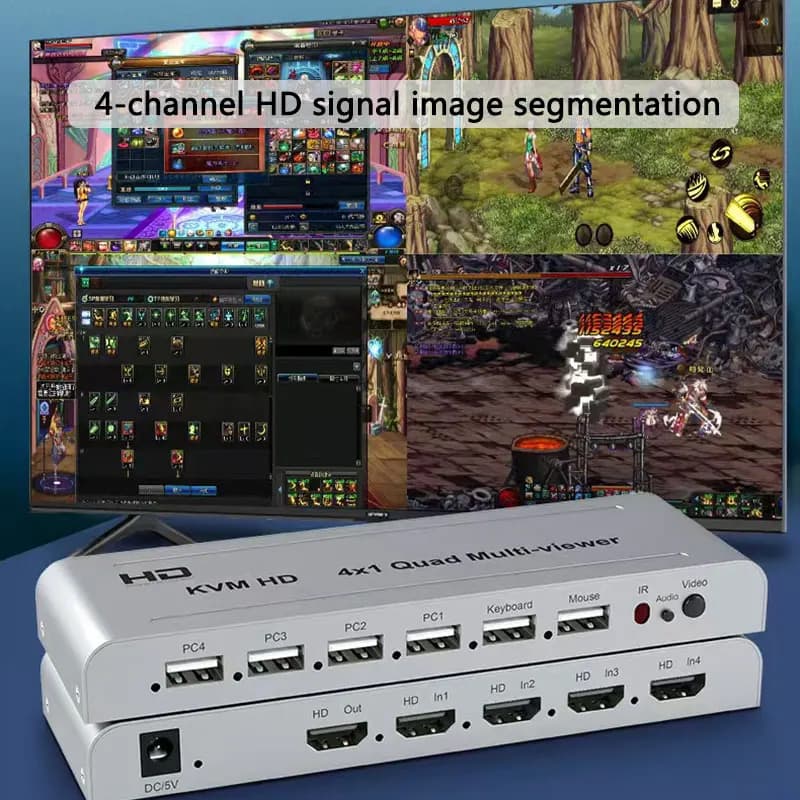 Processore Video KVM 4X1 Quad Multi-Viewer 4K 30Hz per Switch HDMI 4 in 1, Supporta Tastiera e Mouse USB, Schermo 1080P