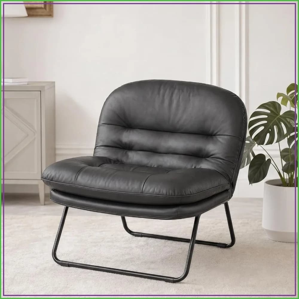 Comfy Saucer Chair, PU Leather Foldable Chair for Bedroom, Living Room, Dorm & Gaming, Small Floor Chair with Back Support for Adults, Inky