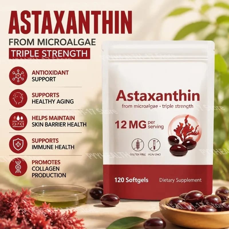 Astaxanthin Softgels From Microalgae Promotes Collagen Production Soy Free Gluten Free Non GMO Triple Strength 120 Softgels