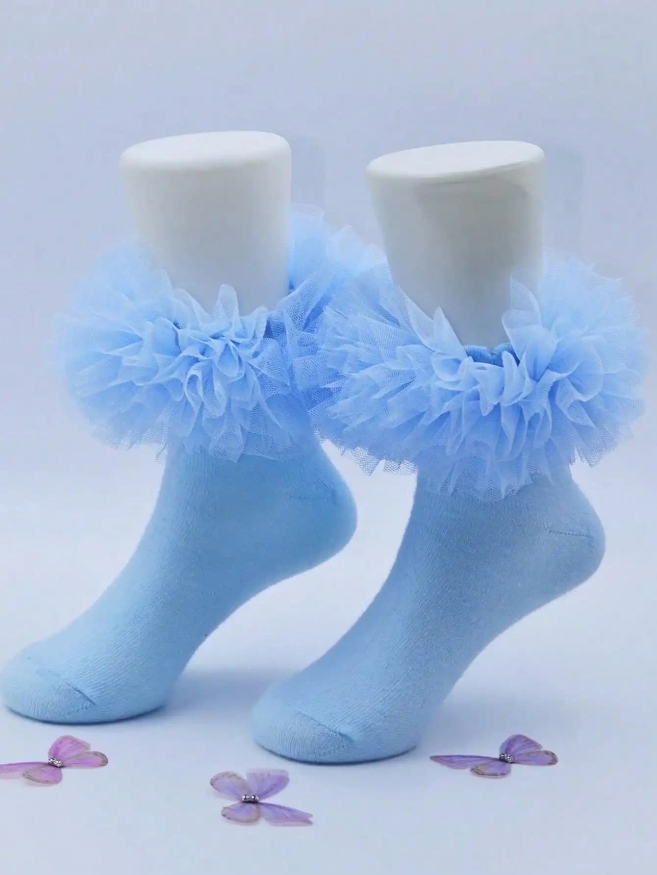 1 pair of girls' lace ruffled socks with fluffy ruffled baby princess socks