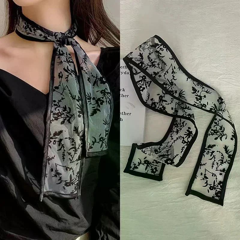 Fascia per capelli in pizzo floreale dolce stile coreano, foulard da collo, sciarpa lunga trasparente, decorazione per vestiti