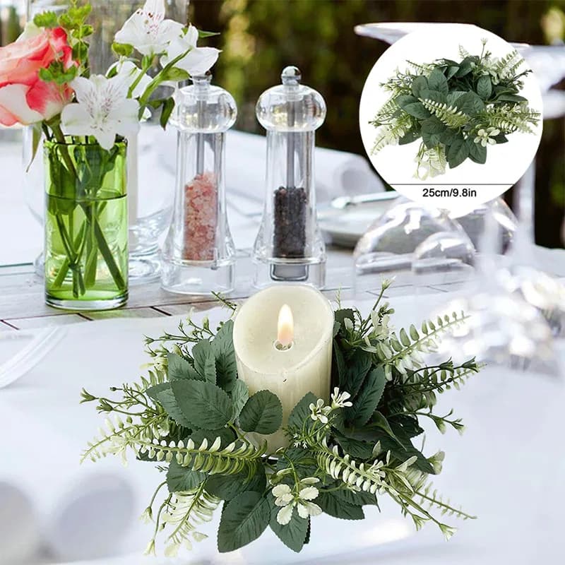 Elegant Design Artificial Wreath Candle Ring Faux Eucalyptus Leaves Spring Greenery Garland Pillar Candle Home Wedding Decor