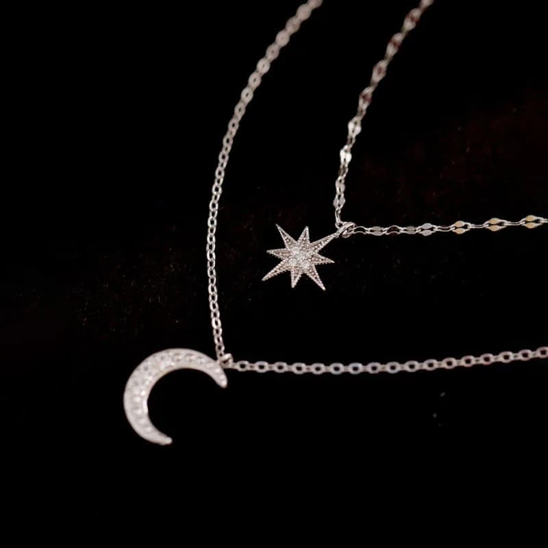 925 Sterling Silver Necklace For Women Adjustable Star Moon Double Layer Necklace O-Chain Choker Necklaces Birthday Gift Chocker