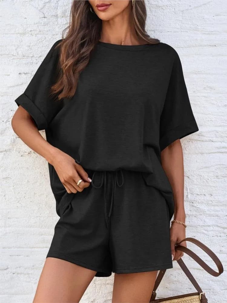 Lady Casual Set Moda Solid Allentato O Collo Manica corta T Shirt Top + Pantaloncini Set da 2 pezzi per le donne Sport estivi Abbigliamento donna