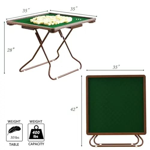 4-Player Collapsible Mahjong Table Featuring Cup Slots, Domino Trays, And Dual-Height Adjustable Legs For Card And Tile Games