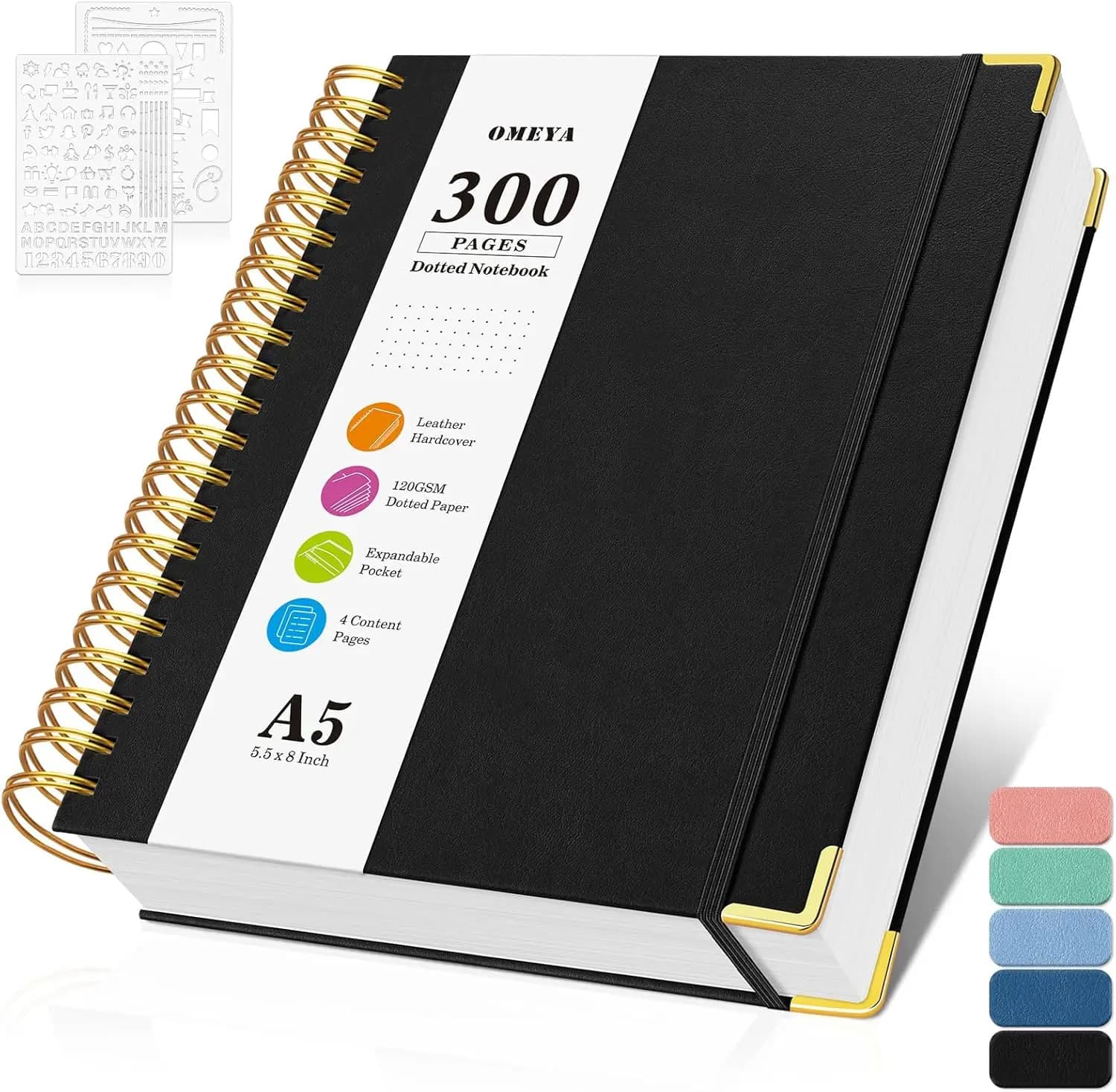 Quaderno a spirale A5 con puntini, 300 pagine, carta spessa 120 GSM, copertina in pelle per scrivere e pianificare, 14 x 20 cm, nero