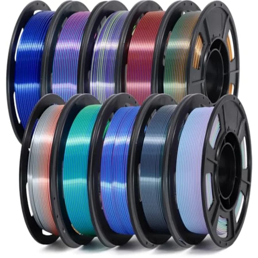 Filamento per stampante 3D per uso hobbistico, materiale PLA effetto seta, colore arcobaleno, finitura liscia e lucida, eccellente adesione tra gli strati.