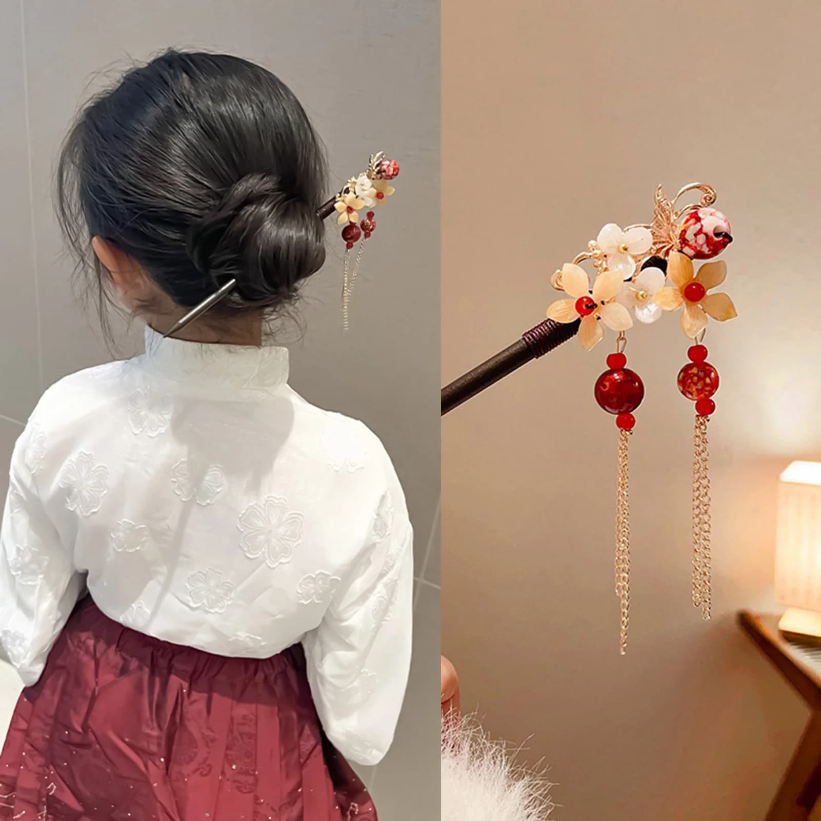 Fermaglio per capelli cinese per feste, in lega con perline floreali e nappe, accessorio elegante e semplice per acconciature Hanfu, per donne e ragazze