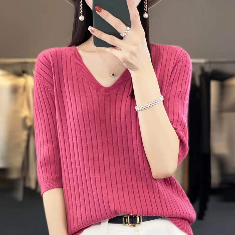 Maglione da donna Primavera Estate Manica corta Camicia in maglia con scollo a V Pullover coreani casual Camicia con fondo a righe Maglioni slim fit