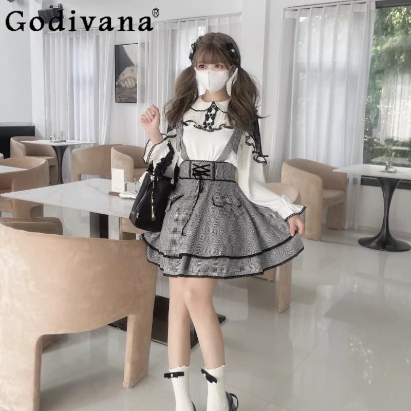 Set di gonne con cinturino scozzese prodotte in serie originale Mine Set di 2 pezzi con gonna a maniche lunghe con colletto per bambola in pizzo da ragazza primaverile e autunnale