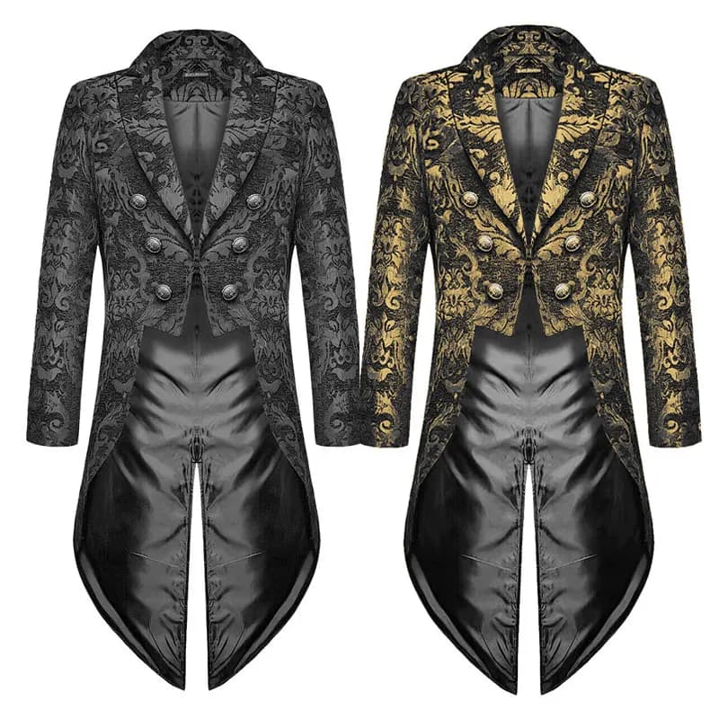 Diavolo Moda Uomo Costumi Cosplay Giacca da frac Steampunk gotico Cappotto da sposa damascato in broccato nero Costume di carnevale di Halloween