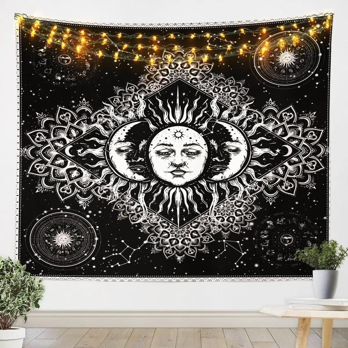 Sun and Moon Tapestry,Black White Starry Sky Galaxy Constellation Wall Hanging Art,Gothic Boho Style Wall Blanket for Kids Boys