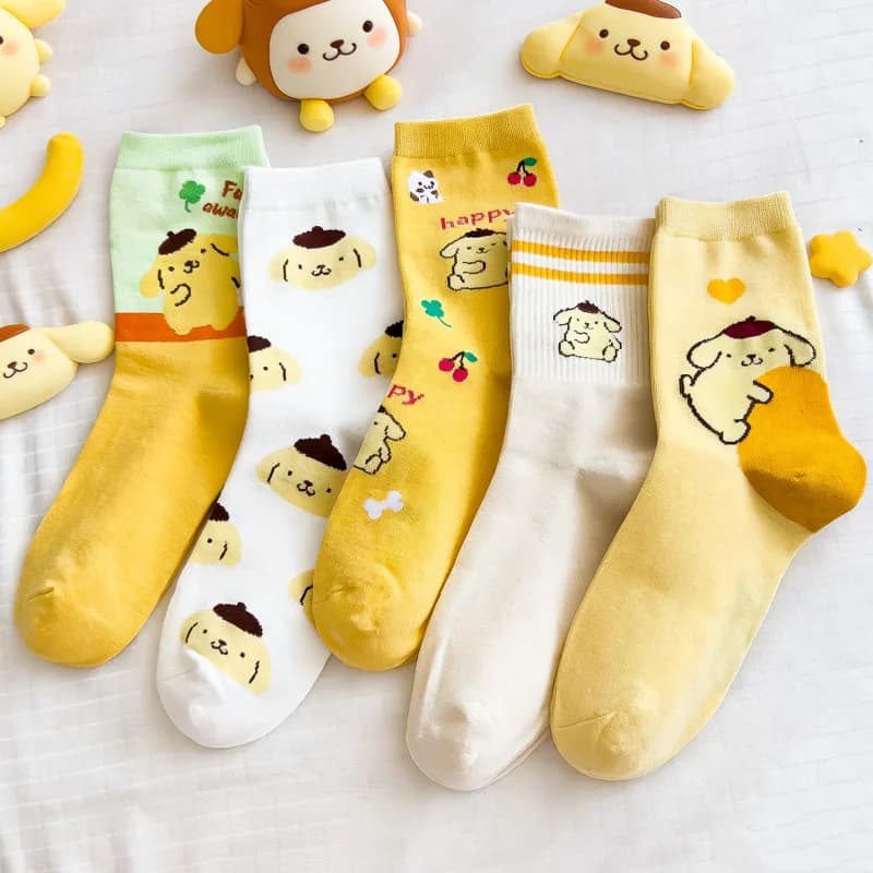 Sanrio 5-Pair Four Seasons Women's Sweet And Cute Cartoon Pudding Dog Versatile Soft And Casual Sweat Absorbing Long Socks