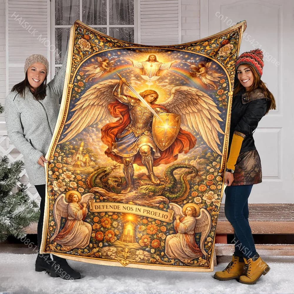 Coperta con stampa di angelo che sconfigge il drago, coperta da preghiera per credenti, adatta per casa, divano, campeggio, viaggi, auto.