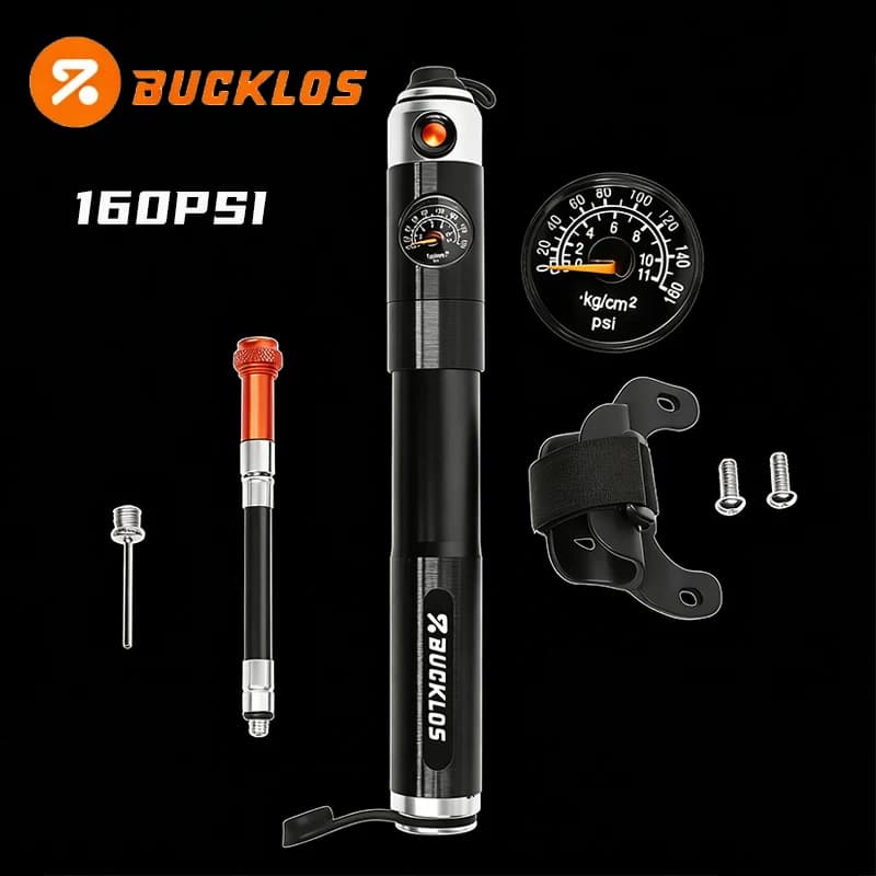 Pompa per Bicicletta Portatile BUCKLOS, Gonfiatore ad Alta Pressione 160PSI con Manometro, Pompa Multifunzionale per Bici da Strada