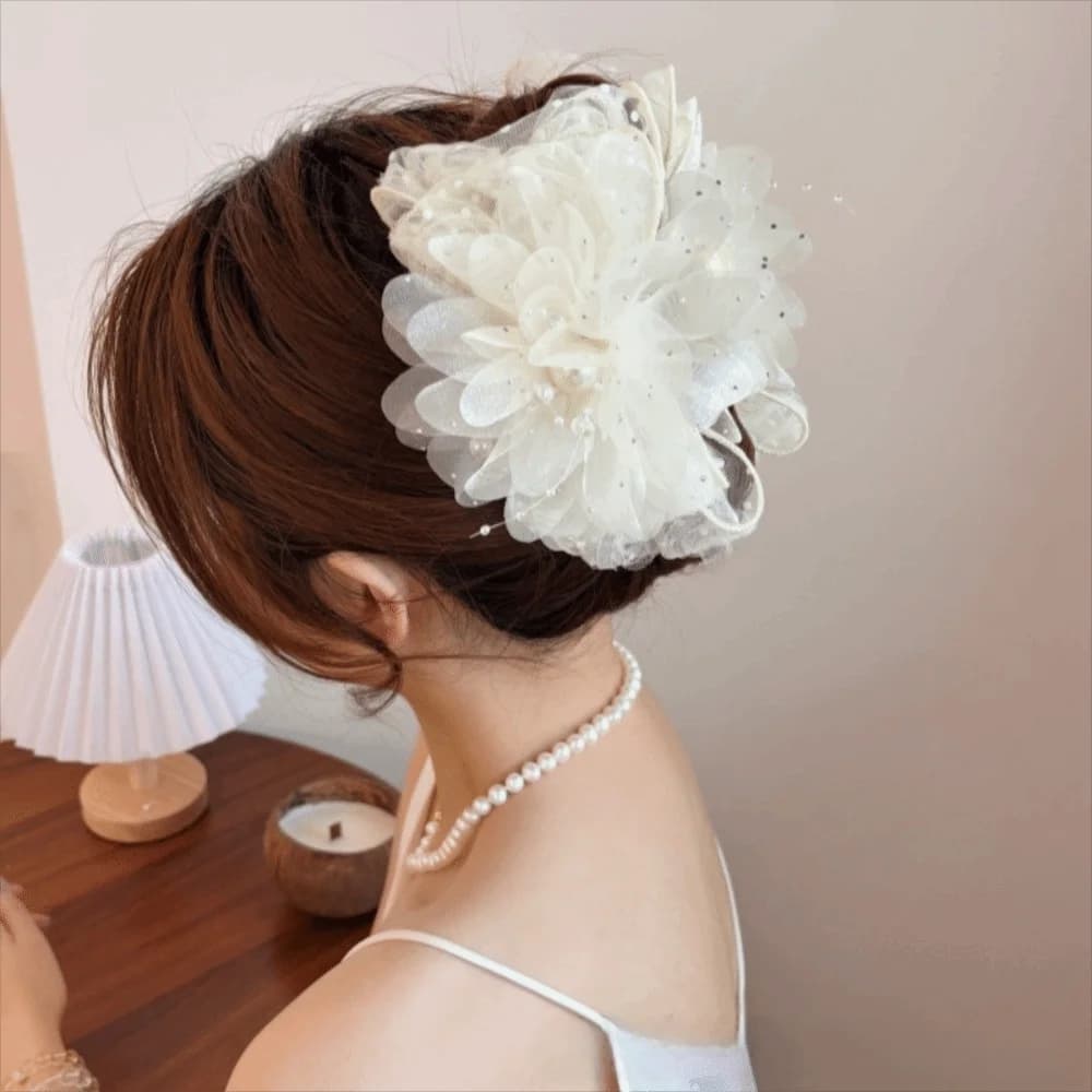 Fashion Sweet Rose Flower Hair Claw Volumizing Elegant Beaded Tassel Jaw Clips Large Size Shark Clip Hair Accessories Party