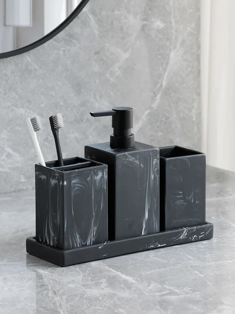 Accessori per il bagno Dispenser completo di sapone per lozione con motivo in marmo, portaspazzolino, bicchiere, vassoio in resina materiale nero bianco