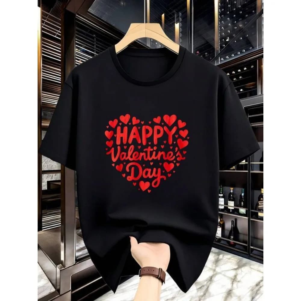 T-shirt da uomo HAPPY con stampa a cuore per San Valentino, a tema San Valentino, top casual, alla moda, versatile e comoda