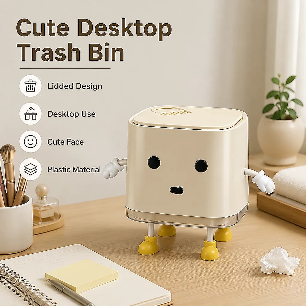 Cute Cartoon Flip-Lid Tabletop Trash Can with Removable Inner Bucket, Compact Plastic Lidded Desktop Waste Bin for Makeup Vanities, Bedroom Nightstands and Office Work Desks