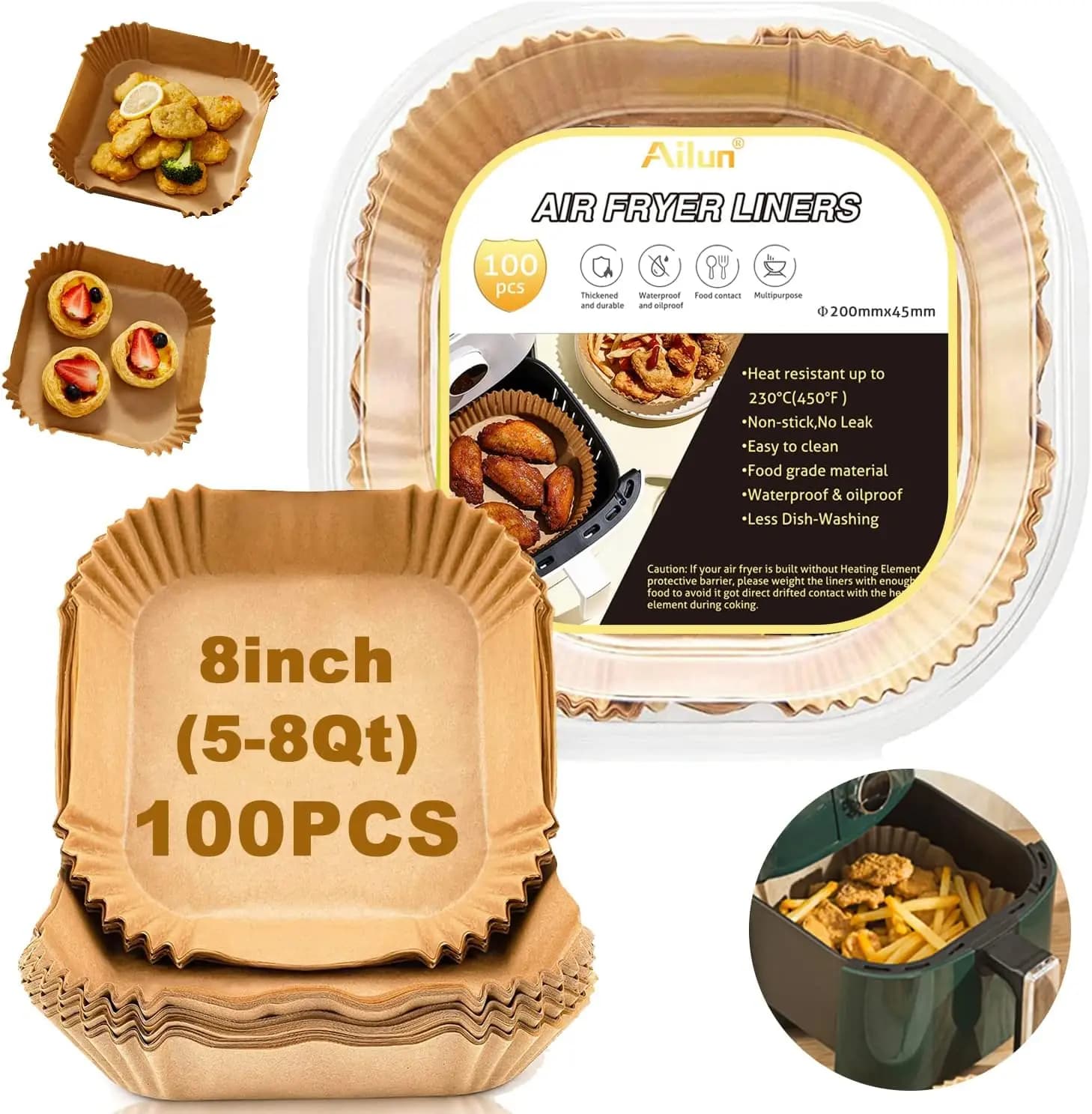 Fogli di carta da forno antiaderenti monouso da 8 pollici, 100 pezzi, resistenti all'olio, per friggitrice ad aria da 5-8 QT