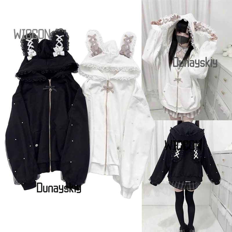 Jirai Kei Felpa con cappuccio coniglietto giapponese Y2K Orecchio di coniglio Costumi Cosplay Lolita Giacca Arco Perla JK Pizzo Kawaii Cardigan con cerniera Top
