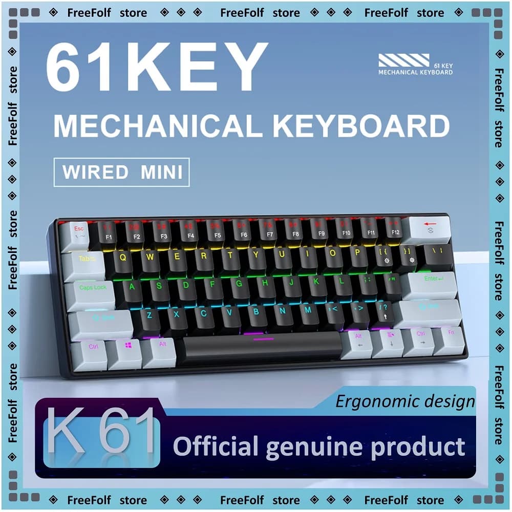 APAYADO K61 Mini Gaming Keyboard 60% Portable Wired 61-Key RGB Lighting Red/Blue Switch Selectable Black/White/Red Colors